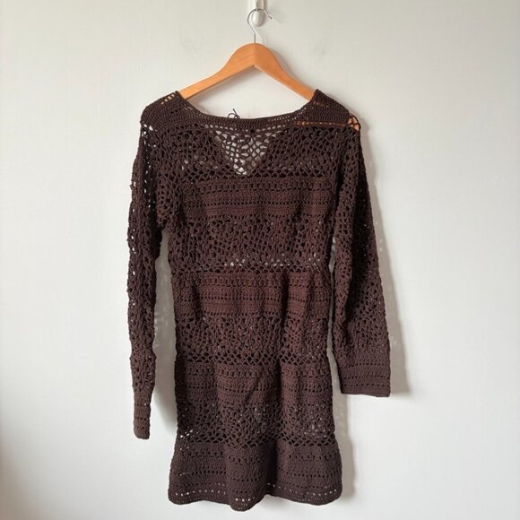 Zara Crochet Knit Long Sleeve Mini Dress NWT Brown Size Small - Picture 10 of 12